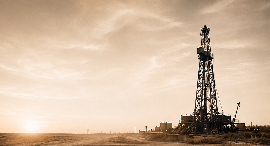 Drilling rig at sunset in the Permian Basin